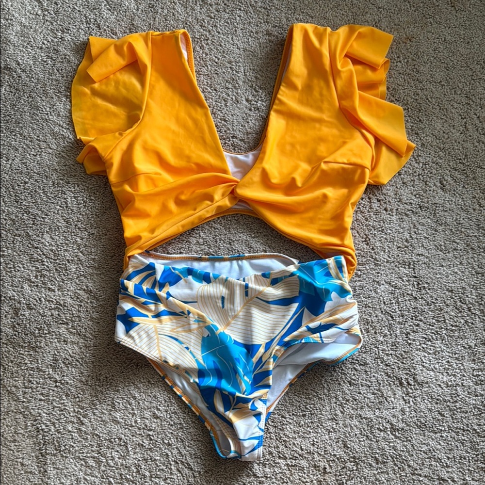 Yellow Ruffle Bikini Top with Blue Floral Bottom 1XL
